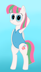Size: 2310x4032 | Tagged: safe, artist:rainbowšpekgs, character:blossomforth, species:pegasus, species:pony, g4, arm behind head, armpits, bipedal, clothing, cute, female, looking at you, one-piece swimsuit, semi-anthro, simple background, smiling, standing, swimsuit, wings