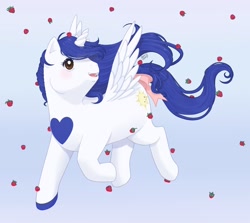 Size: 1920x1710 | Tagged: safe, artist:reachfarhigh, oc, oc:princess radiant eclipse, oc:radiant eclipse, parent:pipsqueak, parent:princess luna, parents:lunapip, species:alicorn, species:pony, next gen:futurehooves, g4, accessories, alicorn oc, blue mane, blushing, brown eyes, commission, eyelashes, flying, futurehooves, g1 style, heart mark, horn, long mane, long tail, looking up, markings, next generation, offspring, open mouth, raspberry, ribbon, simple background, smiling, tongue out, wings
