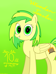 Size: 3016x4032 | Tagged: safe, artist:rainbowšpekgs, oc, oc only, oc:wooden toaster, species:pegasus, species:pony, g4, cursive writing, happy birthday mlp:fim, mlp fim's tenth anniversary, poster, simple background, smiling, solo, standing, text, wings, writing