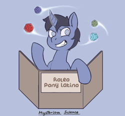 Size: 2314x2147 | Tagged: safe, artist:wild-thunder06, oc, oc:mysterious science, species:pony, species:unicorn, g4, d20, dice, dungeon master, horn, male, roleplaying, roleplaying is magic, stallion, unicorn oc