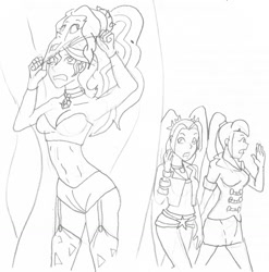 Size: 1263x1280 | Tagged: safe, artist:vytz, character:adagio dazzle, character:aria blaze, character:sonata dusk, character:sunset shimmer, g4, my little pony:equestria girls, calling, clothing, costume, disguise, disguised siren, mask, masking, skinsuit disguise, traditional art, undercover