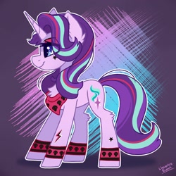 Size: 2000x2000 | Tagged: safe, artist:liquorice_sweet, character:starlight glimmer, species:pony, species:unicorn, g4, abstract background, bandana, chest fluff, ear fluff, edgelight glimmer, eye clipping through hair, eyeshadow, female, fluffy, gameloft interpretation, high res, highlights, leg fluff, makeup, mare, profile, punk, signature, simple background, solo