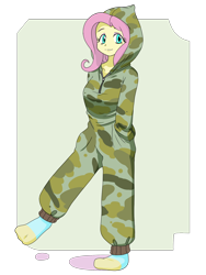 Size: 1668x2224 | Tagged: safe, artist:batipin, gameloft, character:fluttershy, species:eqg human, g4, my little pony:equestria girls, camouflage, clothing, cute, female, gameloft interpretation, hands in pockets, hoodie, shyabetes, socks, solo