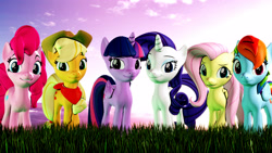 Size: 3840x2160 | Tagged: safe, artist:backmaker, character:applejack, character:fluttershy, character:pinkie pie, character:rainbow dash, character:rarity, character:twilight sparkle, species:alicorn, species:earth pony, species:pegasus, species:pony, species:unicorn, g4, 3d, clothing, happy birthday mlp:fim, mane six, mlp fim's tenth anniversary, scarf, source filmmaker