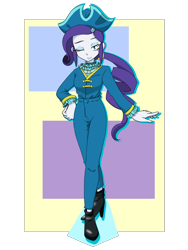 Size: 1668x2224 | Tagged: safe, artist:batipin, gameloft, character:rarity, species:eqg human, g4, my little pony:equestria girls, alternate hairstyle, boots, clothing, female, gameloft interpretation, geometric background, hat, high heel boots, navy, one eye closed, shoes, solo, tricorne, wink