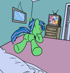 Size: 2500x2600 | Tagged: safe, artist:platypus in a can, oc, oc:wonder wire, g4, butt, mlp fim's tenth anniversary, television, watching tv