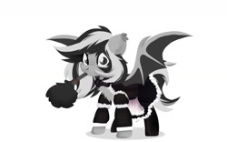 Size: 1743x1085 | Tagged: safe, artist:shiny-dust, oc, oc only, oc:oldi filmes, species:bat pony, g4, bat pony oc, bat wings, clothing, duster, maid, mouth hold, simple background, solo, white background, wings