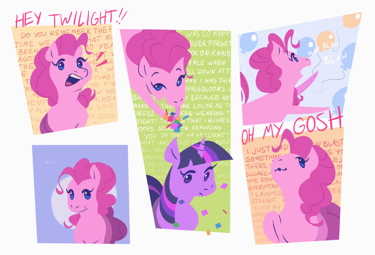 Size: 1200x815 | Tagged: safe, artist:danfango, character:pinkie pie, character:twilight sparkle, character:twilight sparkle (unicorn), species:earth pony, species:pony, species:unicorn, g4, animated, balloon, blah blah blah, confetti, cute, dialogue, diapinkes, female, mare, open mouth, talkative, talking