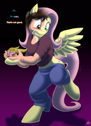 Size: 1772x2430 | Tagged: safe, artist:catmonkshiro, character:fluttershy, species:human, species:pegasus, species:pony, g4, clothing, commission, cutie mark, digital art, element of kindness, gritted teeth, holding, hooves, human to pony, male to female, rule 63, shocked, shocked expression, simple background, solo, tail, text, transformation, transgender transformation, wing growth, wings