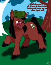 Size: 1010x1280 | Tagged: safe, artist:catmonkshiro, oc, oc only, oc:daisychain, species:earth pony, species:pony, g4, angry, bedroom eyes, clothing, cutie mark, digital art, female, glasses, hat, hooves, mare, open mouth, solo, tail, text, transformation, tree