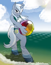 Size: 1010x1280 | Tagged: safe, artist:catmonkshiro, oc, oc only, oc:kokus, species:anthro, species:pony, species:unguligrade anthro, species:unicorn, g4, beach, beach ball, bedroom eyes, blushing, clothing, commission, cutie mark, digital art, female, holding, horn, looking at you, ocean, sand, seaside, sky, solo, swimsuit, tail, walking