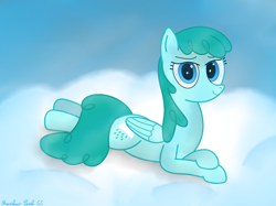 Size: 4032x3016 | Tagged: safe, artist:rainbowšpekgs, character:spring melody, character:sprinkle medley, species:pegasus, species:pony, g4, cloud, female, looking at you, lying down, lying on a cloud, on a cloud, prone, sky, smiling, solo, wings