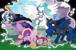 Size: 2095x1381 | Tagged: safe, artist:catmonkshiro, character:princess cadance, character:princess celestia, character:princess luna, character:twilight sparkle, character:twilight sparkle (alicorn), non-mlp oc, oc, oc:princess toytime, oc:trask, oc:virmir, species:alicorn, species:human, species:pony, g4, armor, canterlot, collar, crown, cutie mark, digital art, disappearing clothes, furry, furry oc, furry to pony, horn, human to pony, imagination, jewelry, let's play, magic, male to female, pony princess, portal, regalia, rule 63, shocked, shocked expression, spread wings, tail, transformation, transgender transformation, wings