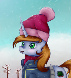 Size: 2000x2200 | Tagged: safe, artist:brilliant-luna, oc, oc:littlepip, species:pony, species:unicorn, fallout equestria, g4, blushing, clothing, female, hat, open mouth, scarf, smiling, snow, solo, winter