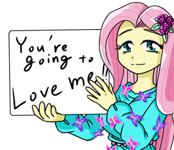 Size: 740x640 | Tagged: safe, artist:batipin, character:fluttershy, species:eqg human, g4, my little pony:equestria girls, spoiler:eqg series (season 2), looking at you, sign, simple background, solo, white background, you're going to love me