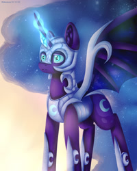 Size: 2000x2500 | Tagged: safe, artist:brilliant-luna, character:nightmare moon, character:princess luna, species:alicorn, species:pony, g4, armor, bat wings, ear fluff, ethereal mane, female, galaxy mane, jewelry, regalia, solo, wings