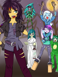 Size: 1668x2224 | Tagged: safe, artist:batipin, character:gloriosa daisy, character:juniper montage, character:starlight glimmer, character:sunset shimmer, character:trixie, character:wallflower blush, species:eqg human, g4, my little pony:equestria girls, clothing, costume, eyes closed, gaea everfree, halloween, halloween costume, holiday, kappa, one eye closed, open mouth, original species, peace sign, vampire, vampire shimmer, youkai