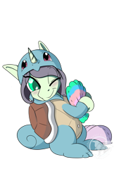 Size: 1600x2473 | Tagged: safe, artist:humble-ravenwolf, artist:ravenhoof, artist:rememberingmermaids, oc, oc:radiant coral, ponysona, species:pony, species:unicorn, g4, clothing, crossover, cute, hugging a pillow, male, pajamas, pillow, pokémon, shell, shells, simple background, squirtle, stallion, transparent background