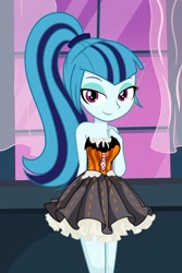Size: 1280x1920 | Tagged: safe, artist:daarkenn, character:sonata dusk, species:eqg human, g4, my little pony:equestria girls, bare shoulders, bedroom eyes, breasts, cleavage, clothing, dress, looking at you, sleeveless, solo, strapless