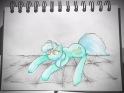 Size: 1280x960 | Tagged: safe, artist:papersurgery, edit, character:lyra heartstrings, species:pony, species:unicorn, g4, lying down, photo, photo edit, solo, traditional art