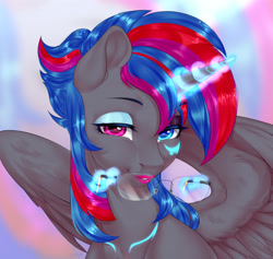 Size: 1280x1214 | Tagged: safe, artist:bylullabysoft, oc, oc only, species:alicorn, species:pony, g4, alicorn oc, bedroom eyes, digital art, female, glowing horn, heterochromia, horn, lipstick, magic, makeup, mare, simple background, solo, two toned eyes, wings