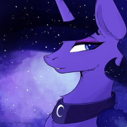 Size: 1500x1500 | Tagged: safe, artist:therealf1rebird, character:princess luna, species:alicorn, species:pony, g4, ethereal mane, female, galaxy mane, horn, jewelry, looking back, mare, necklace, smiling, solo