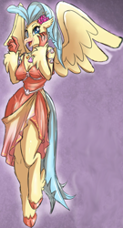 Size: 746x1383 | Tagged: safe, artist:tatara94, edit, character:princess skystar, species:anthro, species:hippogriff, g4, my little pony: the movie (2017), beak, breasts, busty princess skystar, clothing, cropped, dress, fanfic, fanfic art, fanfic cover, looking at you, open beak, open mouth, seashell, seashell necklace, smiling, solo, spread wings, story in the source, tongue out, wings