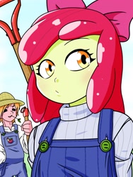 Size: 1668x2224 | Tagged: safe, artist:batipin, character:apple bloom, character:big mcintosh, species:eqg human, g4, my little pony:equestria girls, eyes closed, farm, shovel, straw in mouth
