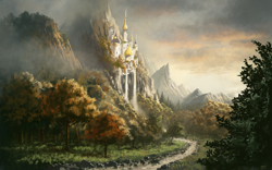 Size: 1980x1238 | Tagged: safe, artist:moe, g4, canterlot, castle, cliff, cloud, detailed background, fog, forest, grass, mountain, mountain range, nature, no pony, outdoors, path, river, scenery, scenery porn, signature, sunset, technically advanced, town, tree, water, waterfall, widescreen, wood