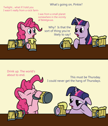 Size: 2582x3000 | Tagged: safe, artist:the-skullivan, character:pinkie pie, character:twilight sparkle, arthur dent, cider, comic, ford prefect, hitchhiker's guide to the galaxy, mug