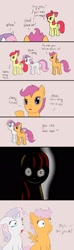 Size: 800x2700 | Tagged: safe, artist:fantasyglow, artist:posexe, character:apple bloom, character:scootaloo, character:sweetie belle, creepy bloom, creepy mark, cutie mark crusaders, hilarious in hindsight, luna game, slasher bloom