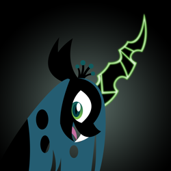 Size: 3000x3000 | Tagged: safe, artist:omegasunburst, character:queen chrysalis, species:changeling, species:pony, changeling queen, cute, cutealis, fangs, female, glowing horn, gradient background, horn, lineless, mare, minimalist, open mouth, profile, smiling, solo