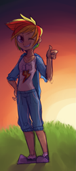 Size: 557x1247 | Tagged: safe, artist:php9, character:rainbow dash, backlighting, converse, female, grass, humanized, shoes, short hair, solo, sunset, thumbs up