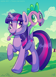 Size: 584x800 | Tagged: safe, artist:anjila, character:spike, character:twilight sparkle, grass
