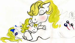 Size: 504x289 | Tagged: safe, artist:foxspotted, character:baby surprise, character:surprise, species:pegasus, species:pony, g1, blushing, eyes closed, ponidox, ribbon, self ponidox, simple background, sleeping, traditional art, white background, yellow mane, yellow tail, younger