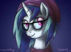 Size: 1800x1300 | Tagged: safe, artist:turbosolid, character:dj pon-3, character:vinyl scratch, species:pony, species:unicorn, beanie, bust, clothing, female, glasses, hat, portrait, smiling, solo