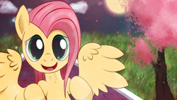 Size: 1920x1080 | Tagged: safe, artist:zipomon, character:fluttershy, species:pegasus, species:pony, cherry blossoms, cloud, female, flower, flower blossom, grass, mare, moon, open mouth, solo, tree, wings