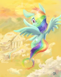 Size: 550x700 | Tagged: safe, artist:chung-sae, character:rainbow dash, species:pegasus, species:pony, cloudsdale, female, flying, looking down, solo, sonic rainboom