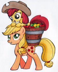 Size: 1480x1827 | Tagged: safe, artist:thedarklordkeisha, character:apple bloom, character:applejack, species:earth pony, species:pony, g4, accessory swap, apple, apple sisters, applejack's hat, basket, blank flank, clothing, cowboy hat, duo, duo female, female, filly, foal, freckles, happy, hat, looking at each other, mare, ponies riding ponies, riding, simple background, sisters, stetson, traditional art, white background