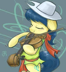 Size: 700x768 | Tagged: safe, artist:chung-sae, character:fiddlesticks, species:earth pony, species:pony, apple family member, clothing, female, hat, mare, musical instrument, solo, violin
