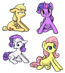 Size: 650x735 | Tagged: safe, artist:pimmy, character:applejack, character:fluttershy, character:rarity, character:twilight sparkle, character:twilight sparkle (alicorn), species:alicorn, species:pony, awkward, big eyes, determined, female, floppy ears, horse problems, horses doing horse things, looking at you, mare, scrunchy face, sheepish grin, simple background, sitting, sweat, uncomfortable