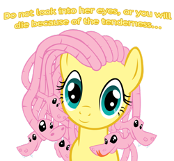 Size: 900x836 | Tagged: safe, artist:azure-vortex, character:fluttershy, species:pegasus, species:pony, cute, fangs, female, forked tongue, gorgon, greek mythology, looking at you, medusa, medusashy, shmuck bait, simple background, smiling, snake, solo, transparent background, vector, you are already dead