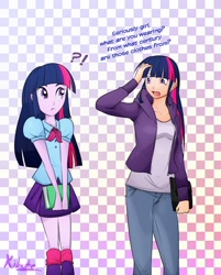 Size: 620x772 | Tagged: safe, artist:kibate, character:twilight sparkle, species:human, my little pony:equestria girls, dialogue, exclamation point, humanized, interrobang, ponidox, question mark, self ponidox, twoiloight spahkle