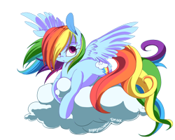 Size: 1250x1000 | Tagged: dead source, safe, artist:sugaryrainbow, character:rainbow dash, species:pegasus, species:pony, cloud, cute, dashabetes, female, mare, on a cloud, prone, simple background, solo, spread wings, transparent background, wings