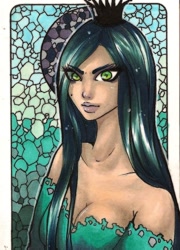 Size: 742x1030 | Tagged: safe, artist:forunth, character:queen chrysalis, species:changeling, species:human, breasts, busty queen chrysalis, changeling queen, cleavage, crown, female, humanized, jewelry, regalia, shoulderless, solo