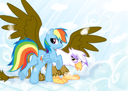 Size: 3500x2500 | Tagged: safe, artist:sotoco, character:gilda, character:rainbow dash, species:griffon, ship:gildash, cloud, cloudy, female, lesbian, looking back, plot, raised hoof, raised leg, shipping, smiling, spread wings, wings