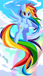 Size: 850x1500 | Tagged: dead source, safe, artist:sugaryrainbow, character:rainbow dash, species:pegasus, species:pony, cloud, cute, dashabetes, female, flying, rainbow, sky, solo, spread wings, wings