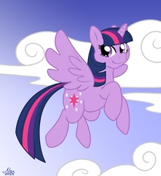 Size: 800x874 | Tagged: safe, artist:muzz, character:twilight sparkle, character:twilight sparkle (alicorn), species:alicorn, species:pony, female, flying, mare, smiling