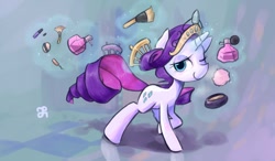 Size: 1024x600 | Tagged: safe, artist:chung-sae, character:rarity, species:pony, species:unicorn, comb, female, jewelry, magic, makeup, one eye closed, perfume, solo, tiara, wink