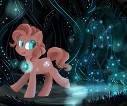 Size: 1800x1500 | Tagged: safe, artist:foxda, character:pinkie pie, species:earth pony, species:pony, amulet, bioluminescent, colored pupils, female, foal, forest, ghost, ghost pony, glow, jewelry, looking back, necklace, night, pendant, smiling, solo, walking